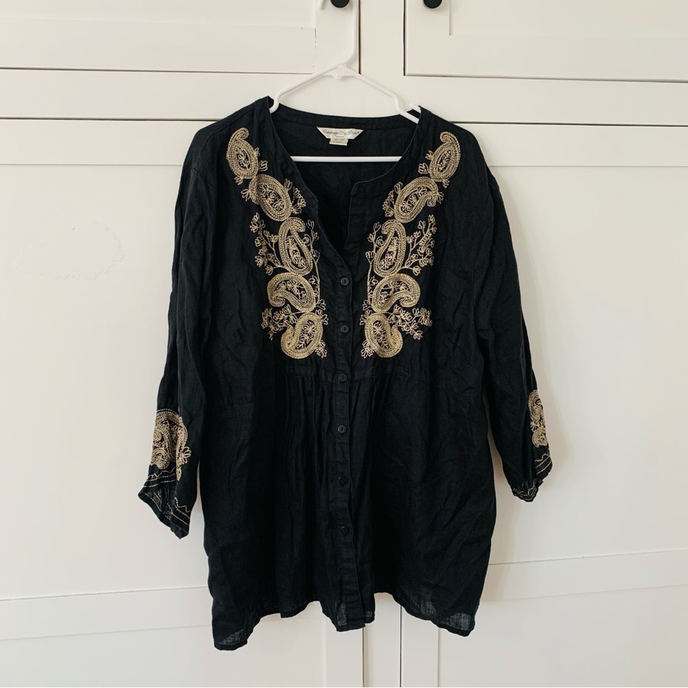 Cambridge Dry Goods Black Paisley Embroidered Linen Blouse Size 3X